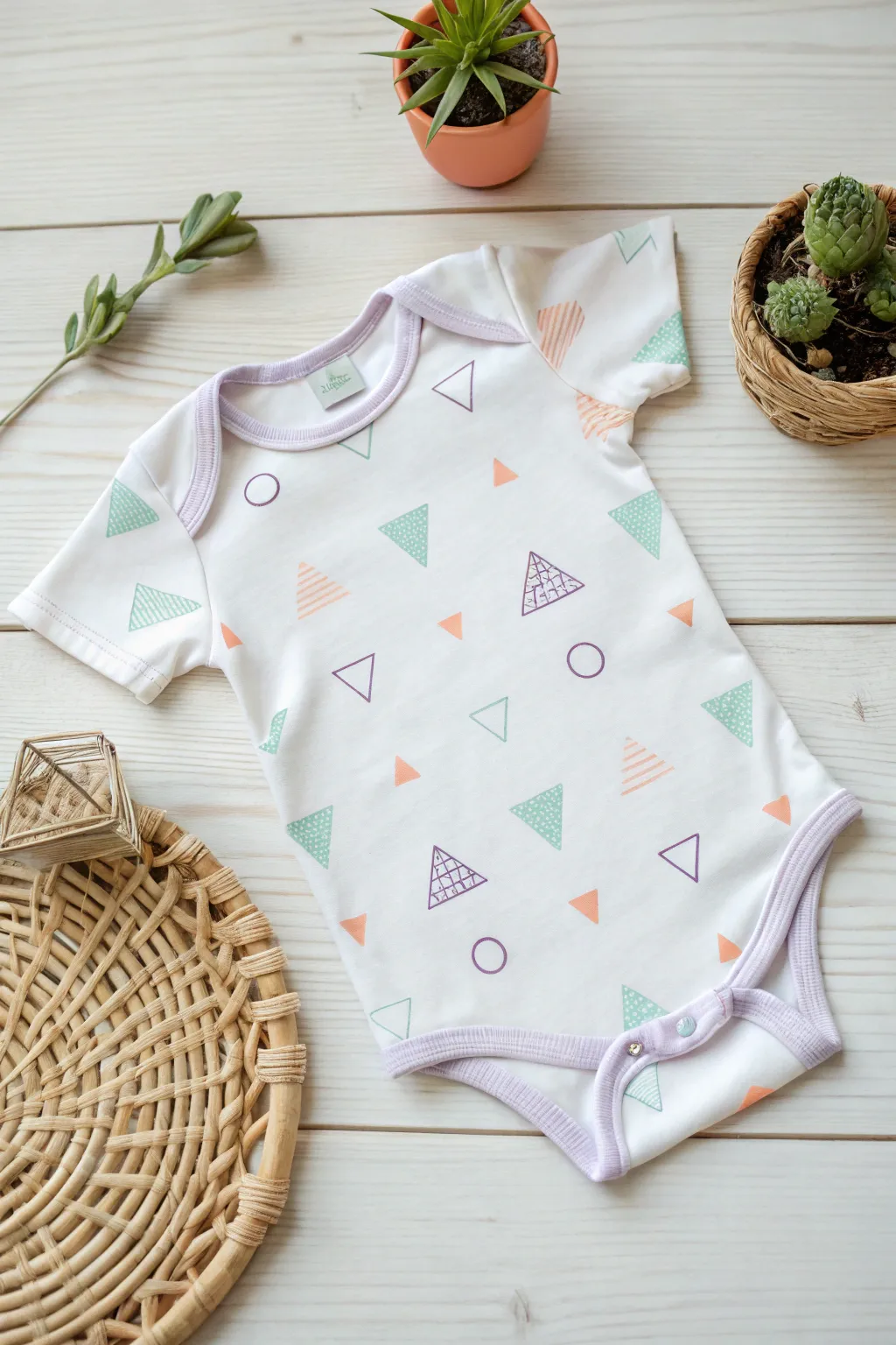 Craft modern charm with these DIY geometric-patterned baby onesies—where minimalism meets boho chic!