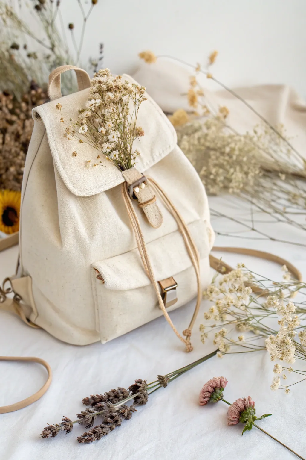 Add a touch of nature's elegance to your backpack with dried flowers. Embrace simplicity and natural beauty in your daily routine.