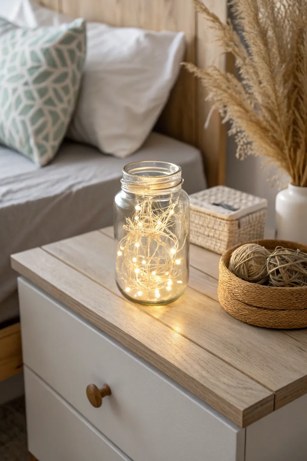 Illuminate your space with the enchanting glow of fairy light jars for a touch of magic.