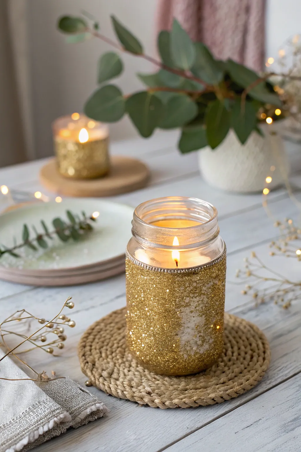 Add a touch of sparkle to your celebration with these DIY glittered mason jar candle holders!
