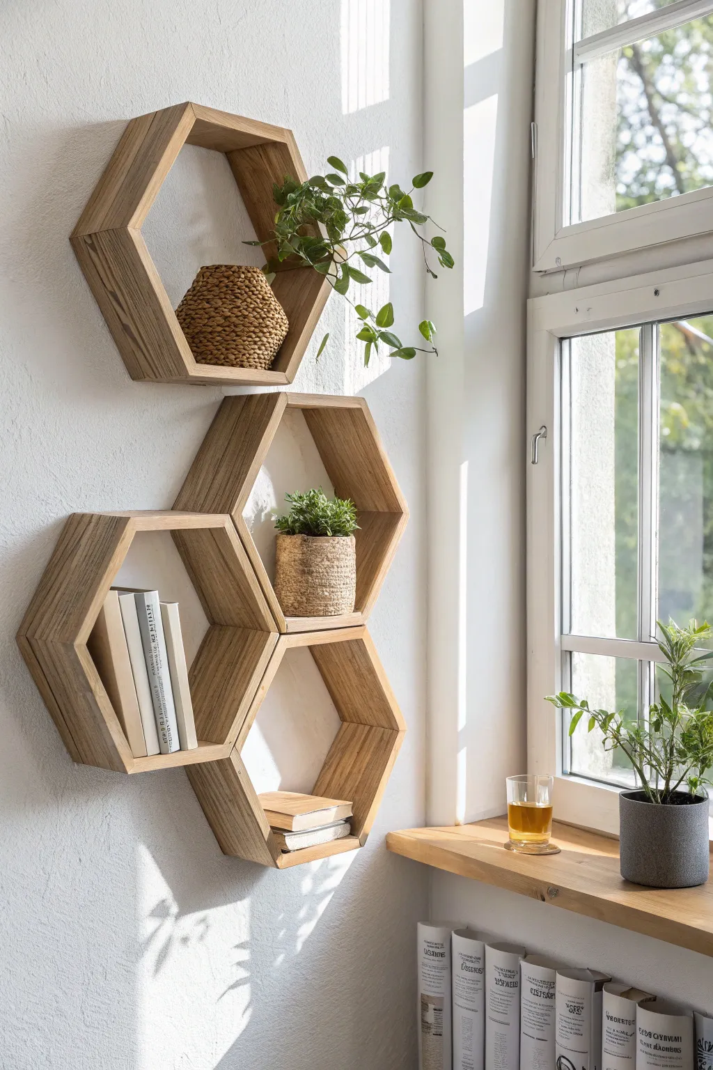 Transform your space with elegant honeycomb wall shelves – where geometry meets natural beauty.
