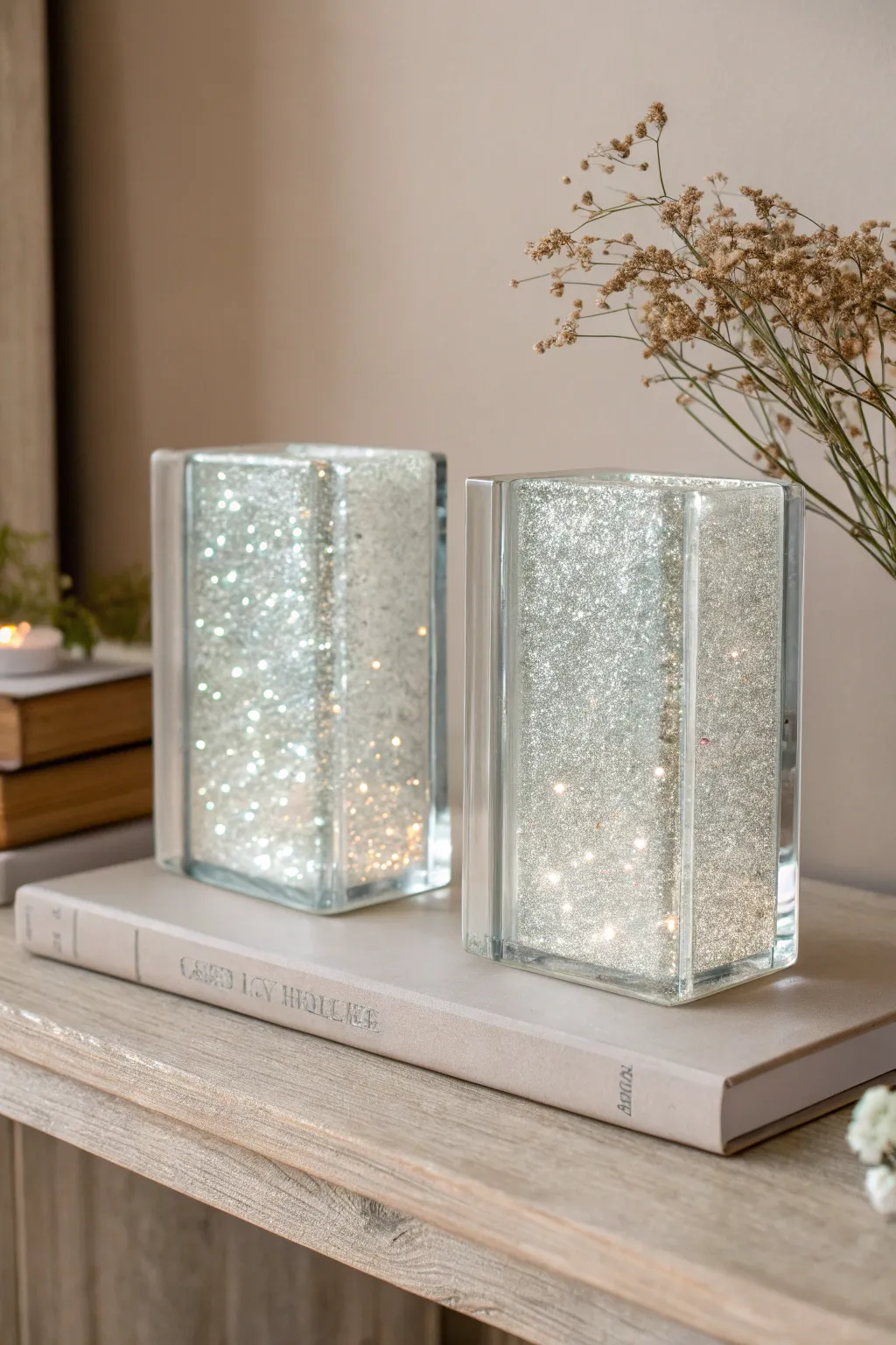 Add a touch of sparkling glam to your bookshelf with these DIY Glittering Glass Block Bookends. ✨📚