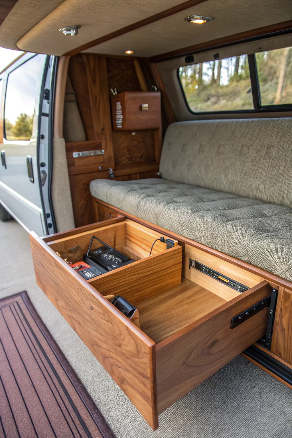 Discover the art of hidden space with this expertly crafted under-seat storage solution.