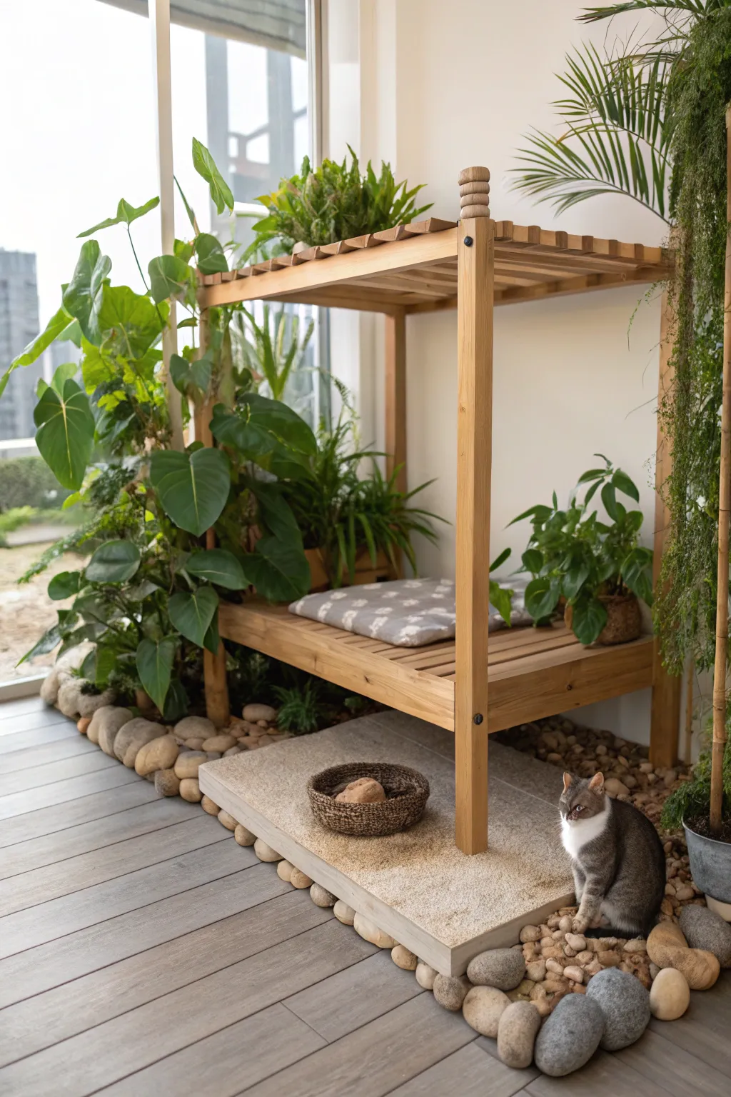 Transform your catio into a natural paradise with simple elegance and nature's touch.
