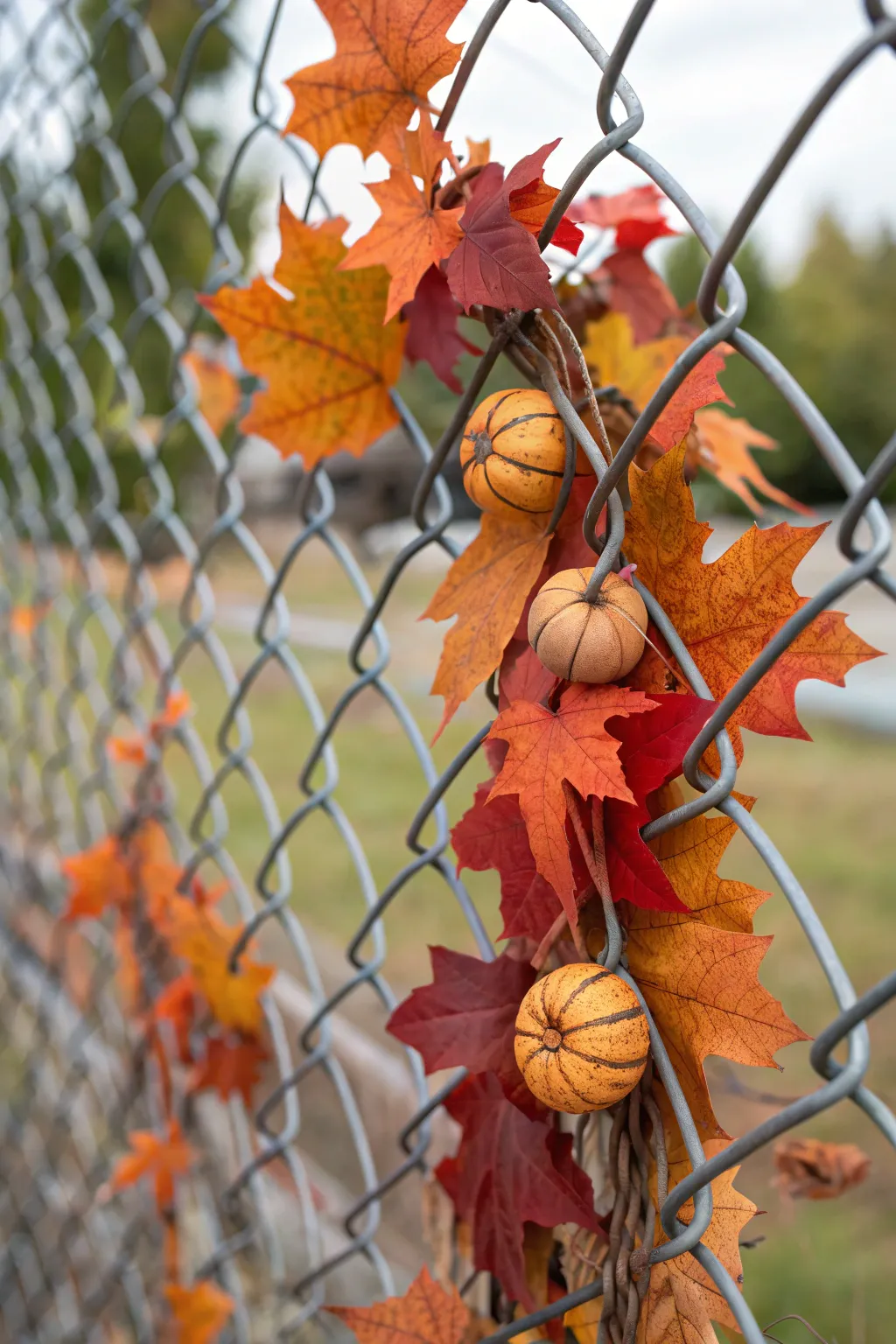 Transform your chain link fence into a festive autumn masterpiece with handcrafted leaf and pumpkin decorations.