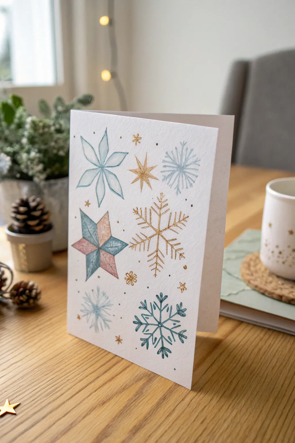 Embrace the serenity of the season with handcrafted watercolor snowflakes on your holiday cards.