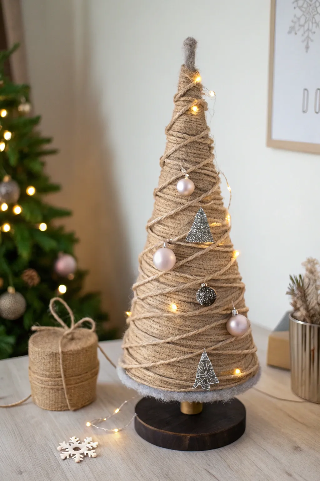 Embrace the warmth of simplicity with this rustic jute and rope Christmas tree, perfect for adding a cozy glow to your minimalist holiday decor.