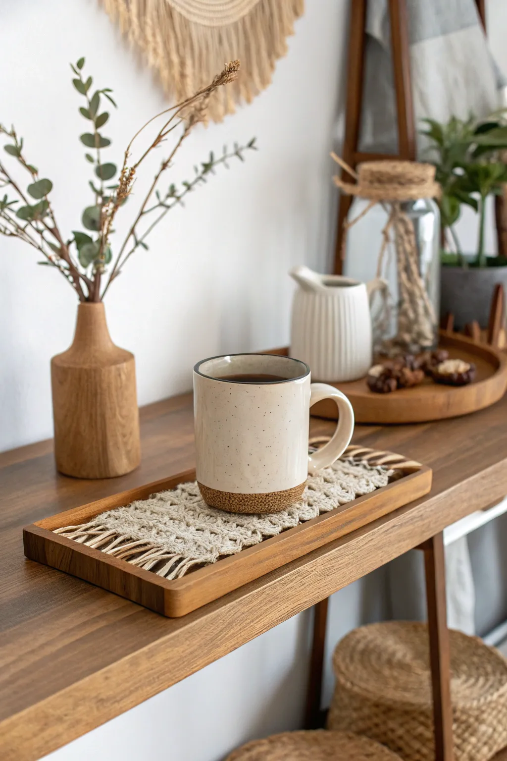 Elevate your mornings with a touch of Scandinavian elegance and boho charm. 🌿☕ #DIYCoffeeBar #ScandinavianStyle #BohoChic