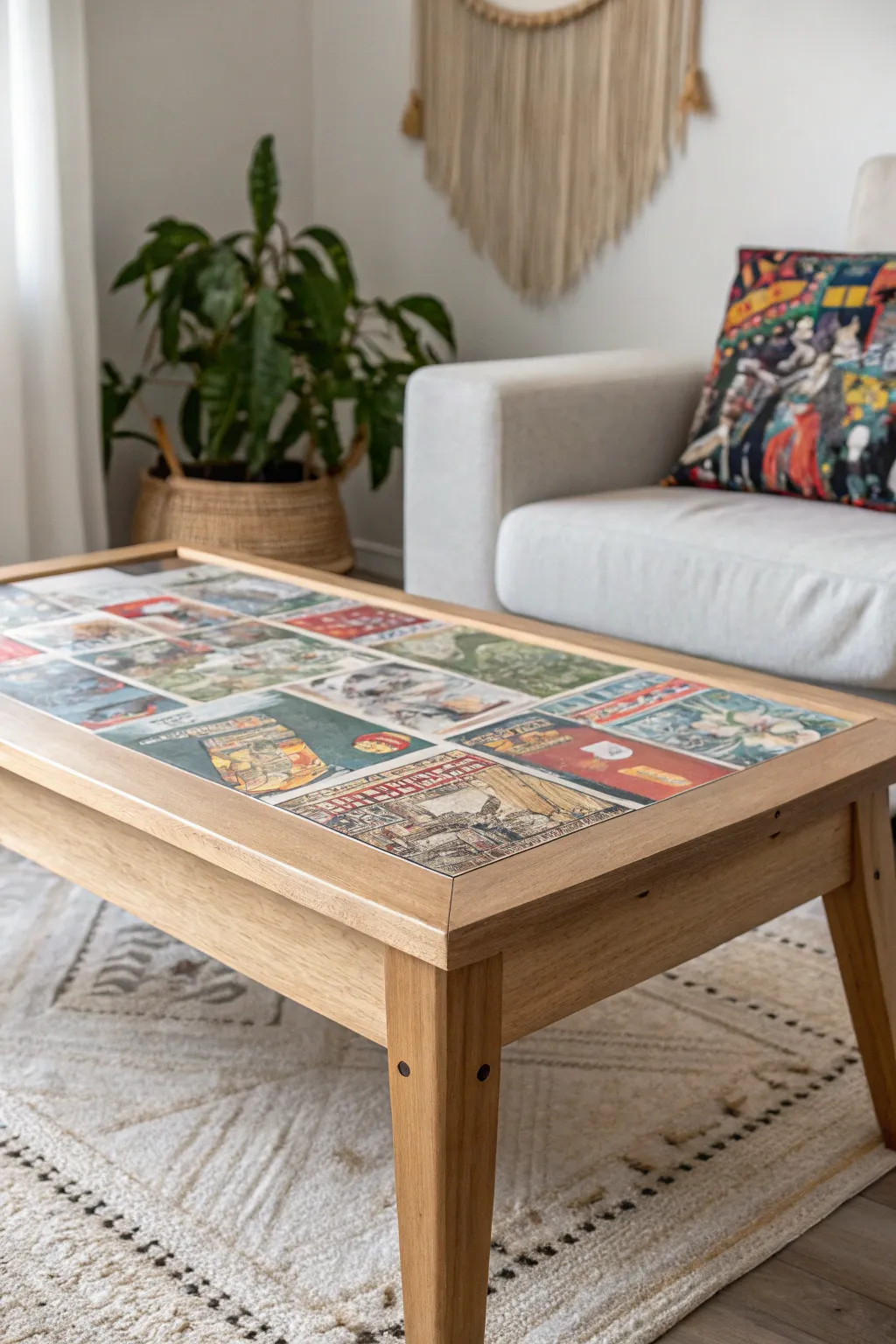 Transform your space with a touch of nostalgic charm: Retro decoupage brings vibrant memories to your minimalist coffee table!