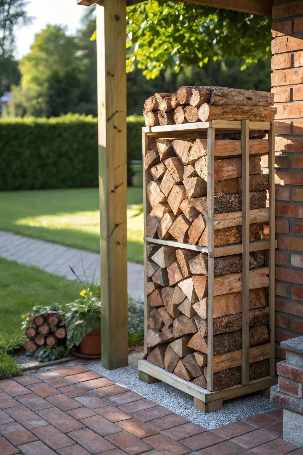 Elevate your outdoor space with this timeless stacked brick firewood rack—where functionality meets rustic charm.