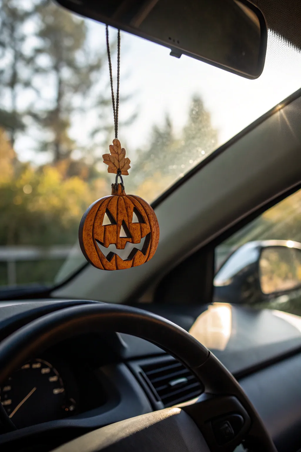 Elevate your ride this Halloween with a handcrafted pumpkin-scented air freshener, blending festive charm with artisanal detail.