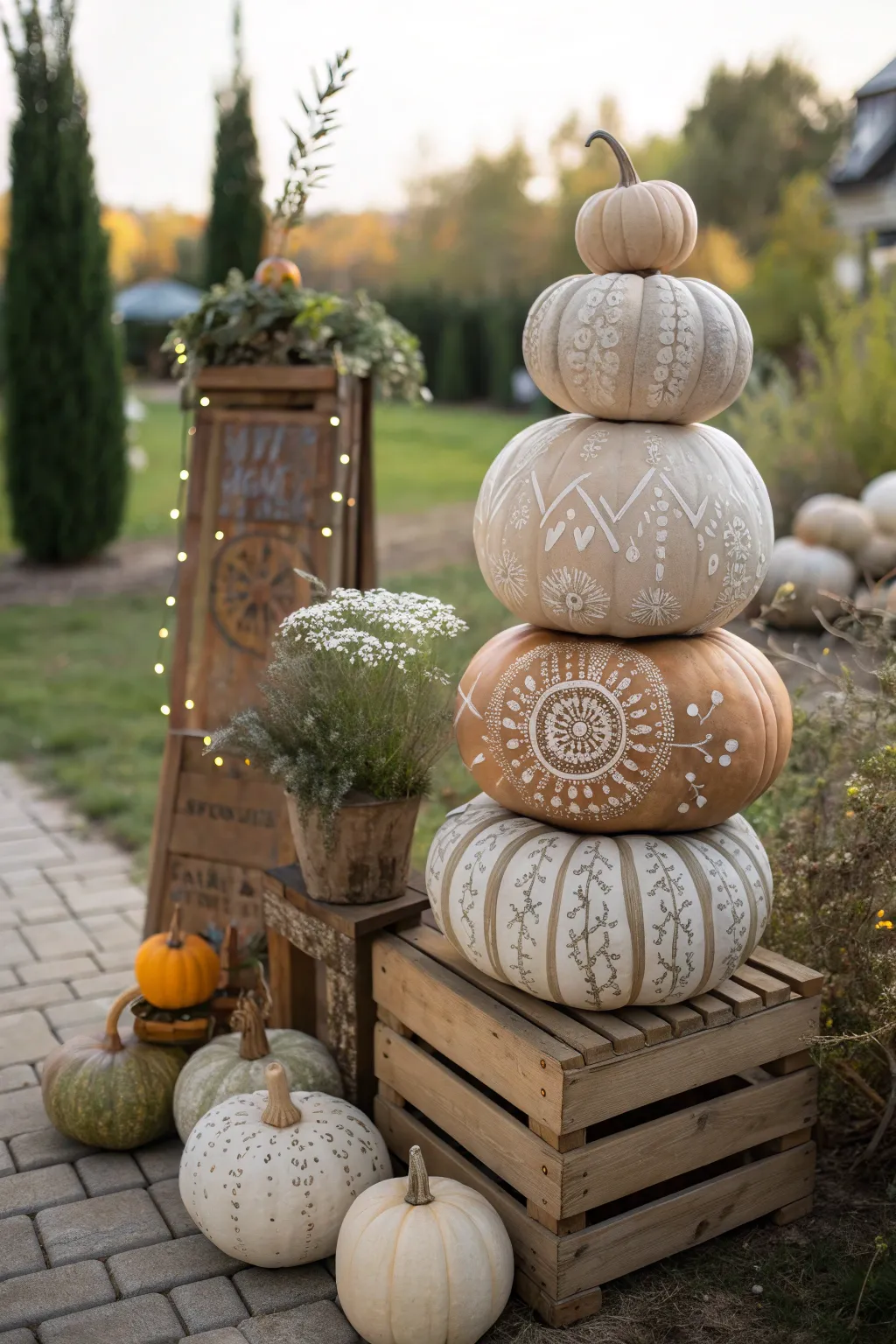 Elevate your outdoor Halloween decor with a stunning pumpkin tower that embraces Scandinavian minimalism with a boho twist!