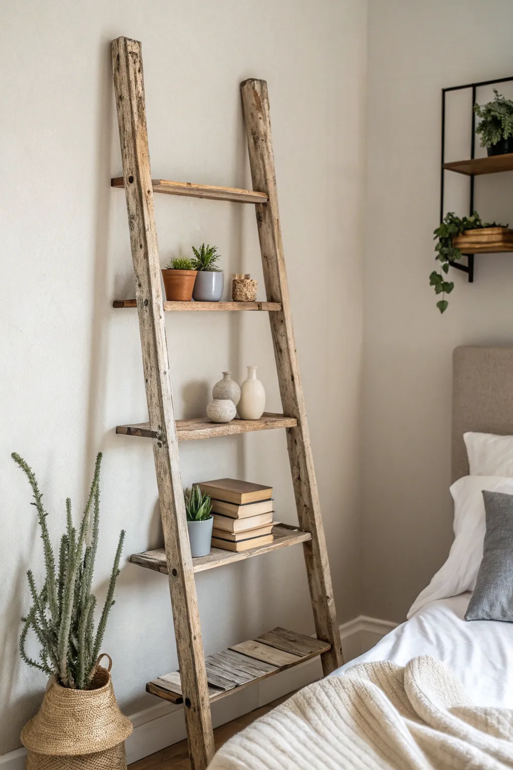 Transform vintage charm into a rustic headboard with shelves for a cozy, personalized touch.