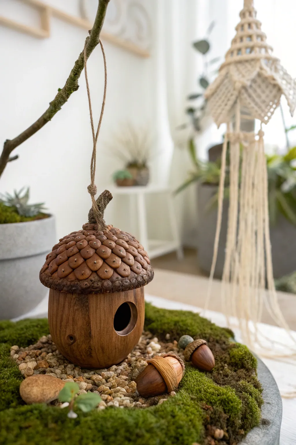 Craft your own whimsical retreat with an acorn birdhouse—where fairies find a home in minimalist beauty.