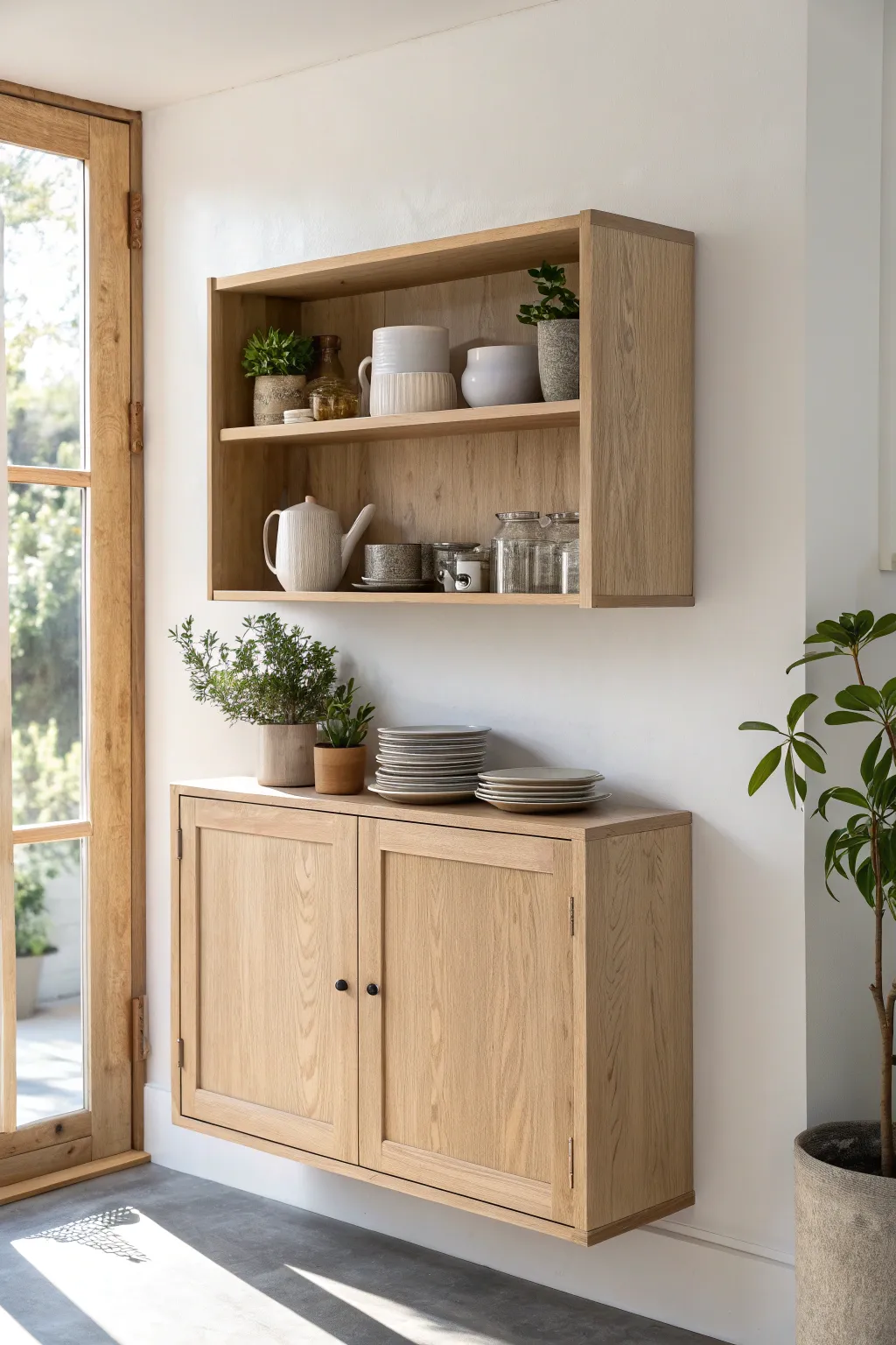 Elevate your kitchen space with a stunning floating hutch – where Scandinavian simplicity meets boho elegance.