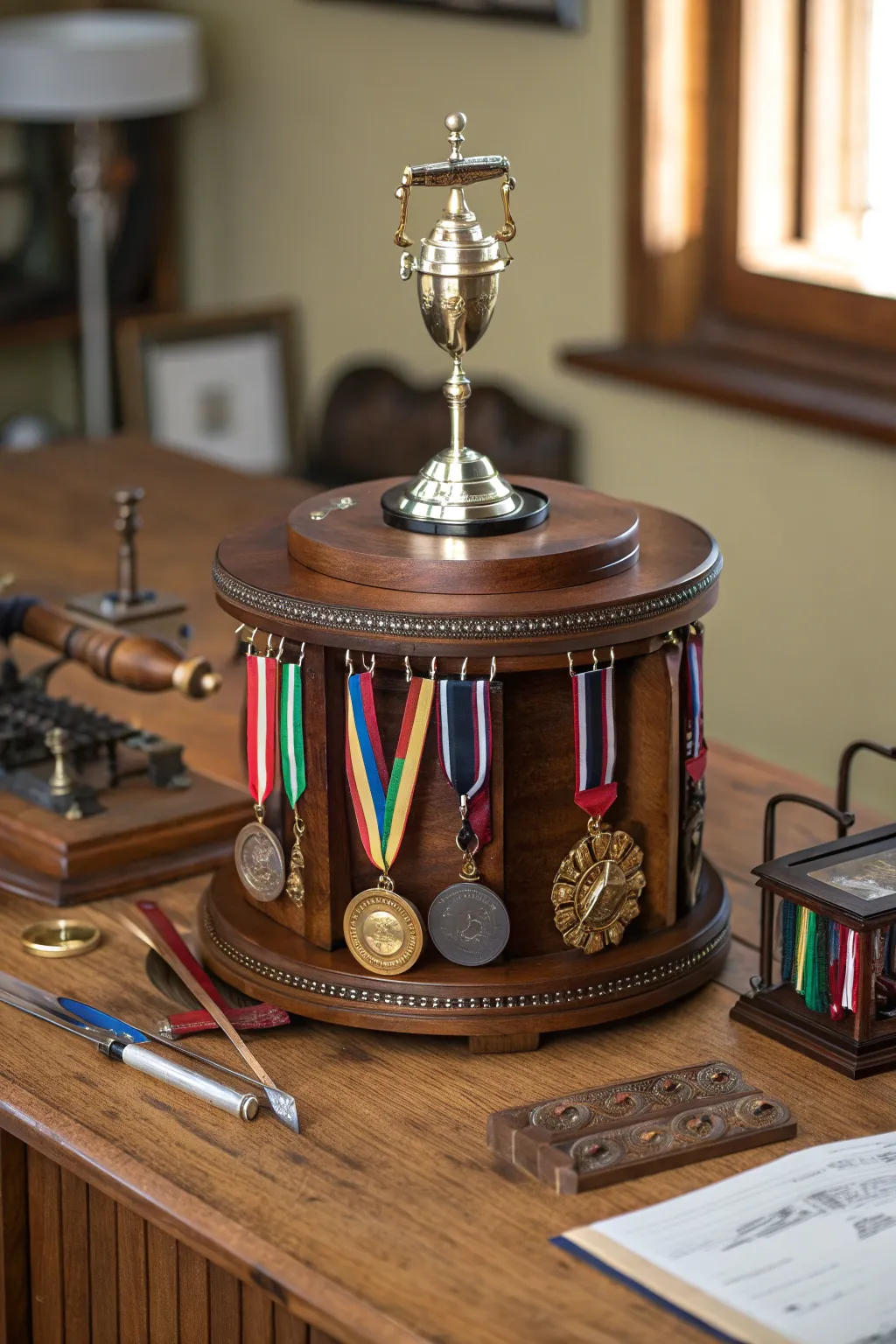 Showcase your achievements with elegance and craftsmanship on this stunning rotating medal stand.