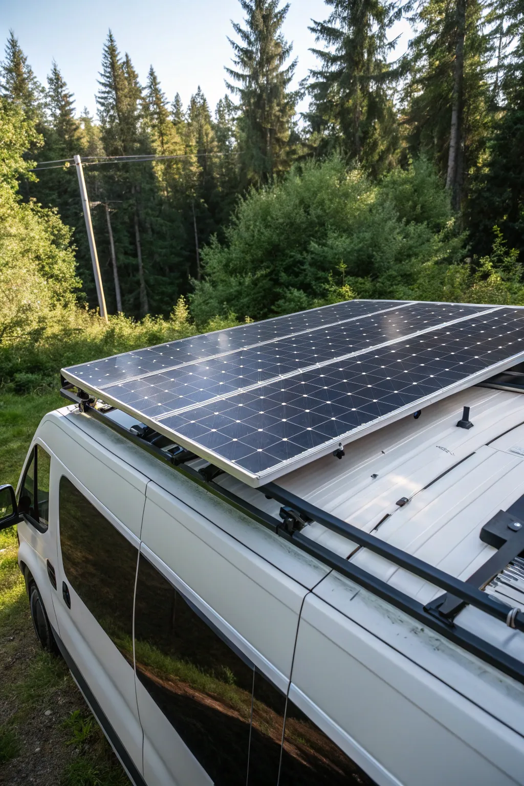 Harness the sun's power with this efficient solar setup for your mobile office van.