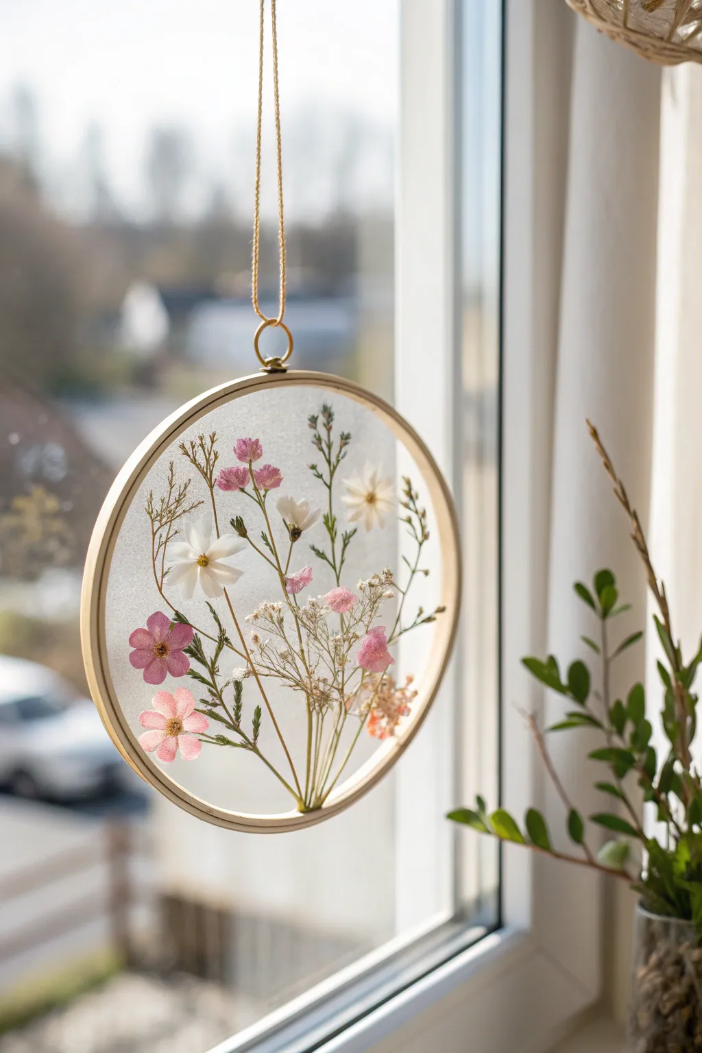 Bring the outdoors in with a charming pressed flower suncatcher, a perfect touch of nature for any room.