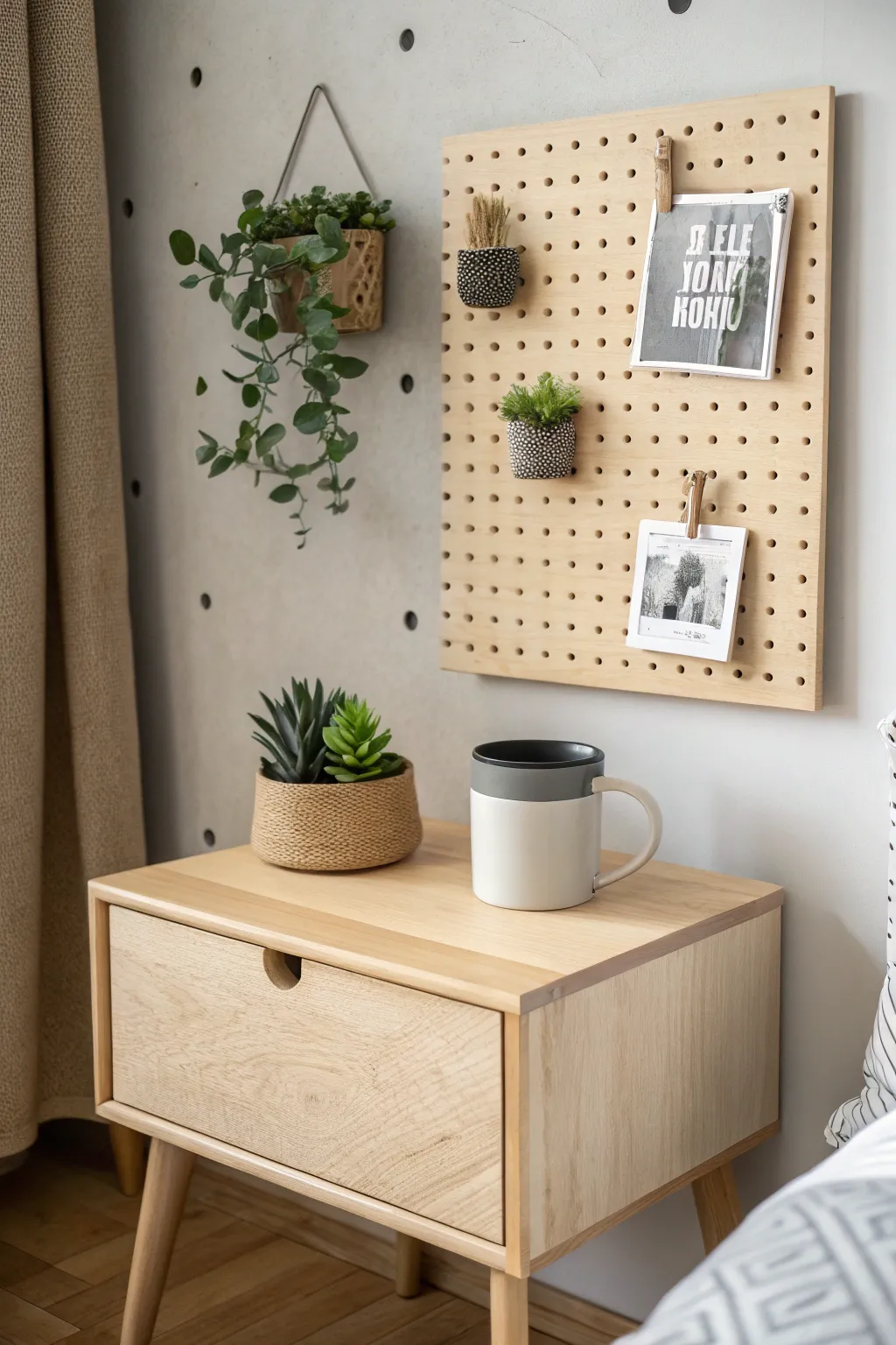 Elevate your bedroom with a charming pegboard nightstand—perfect for showcasing your personal treasures with a touch of Scandinavian simplicity and Boho flair.