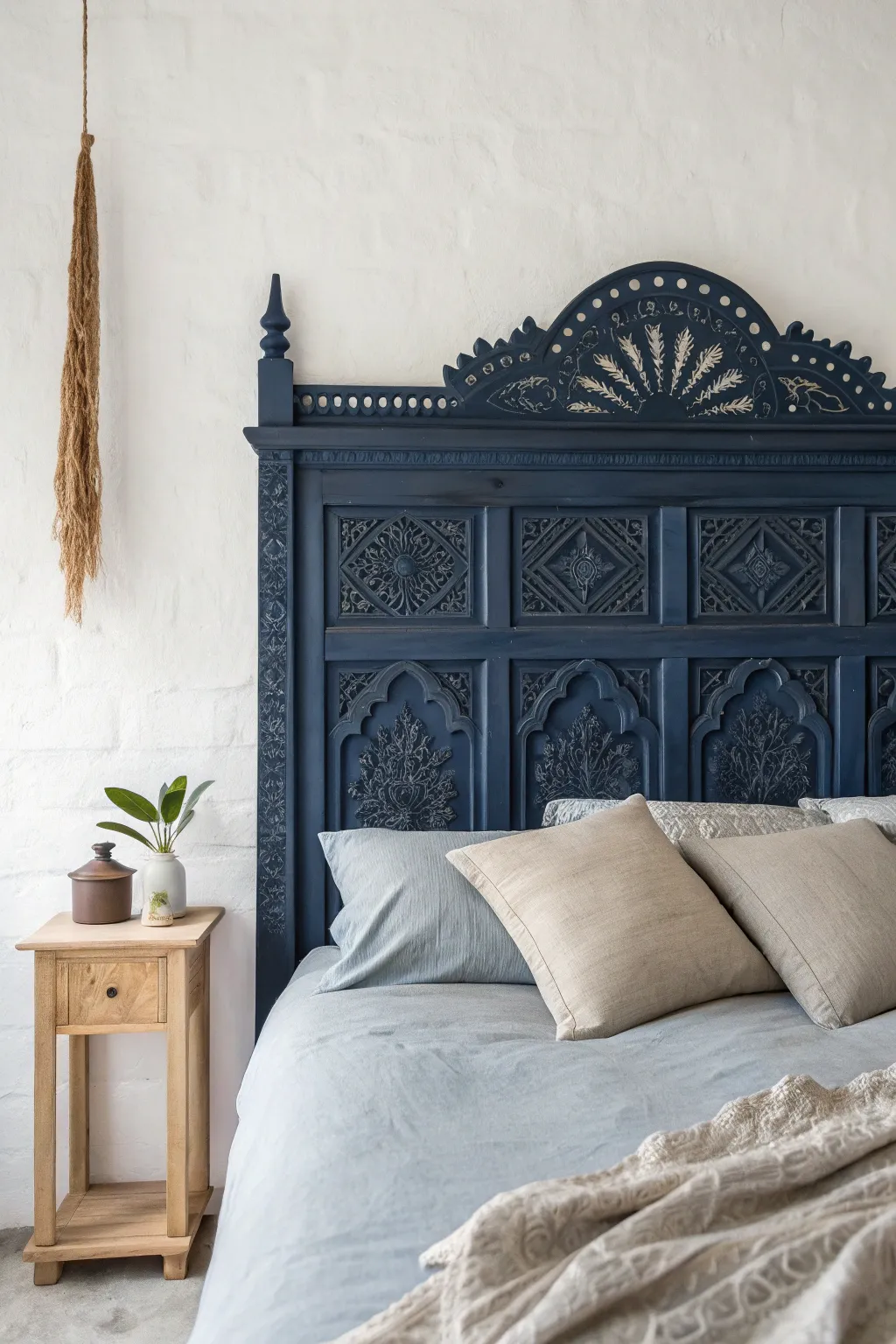 Transform your bedroom into a cozy haven with a dark, moody headboard.