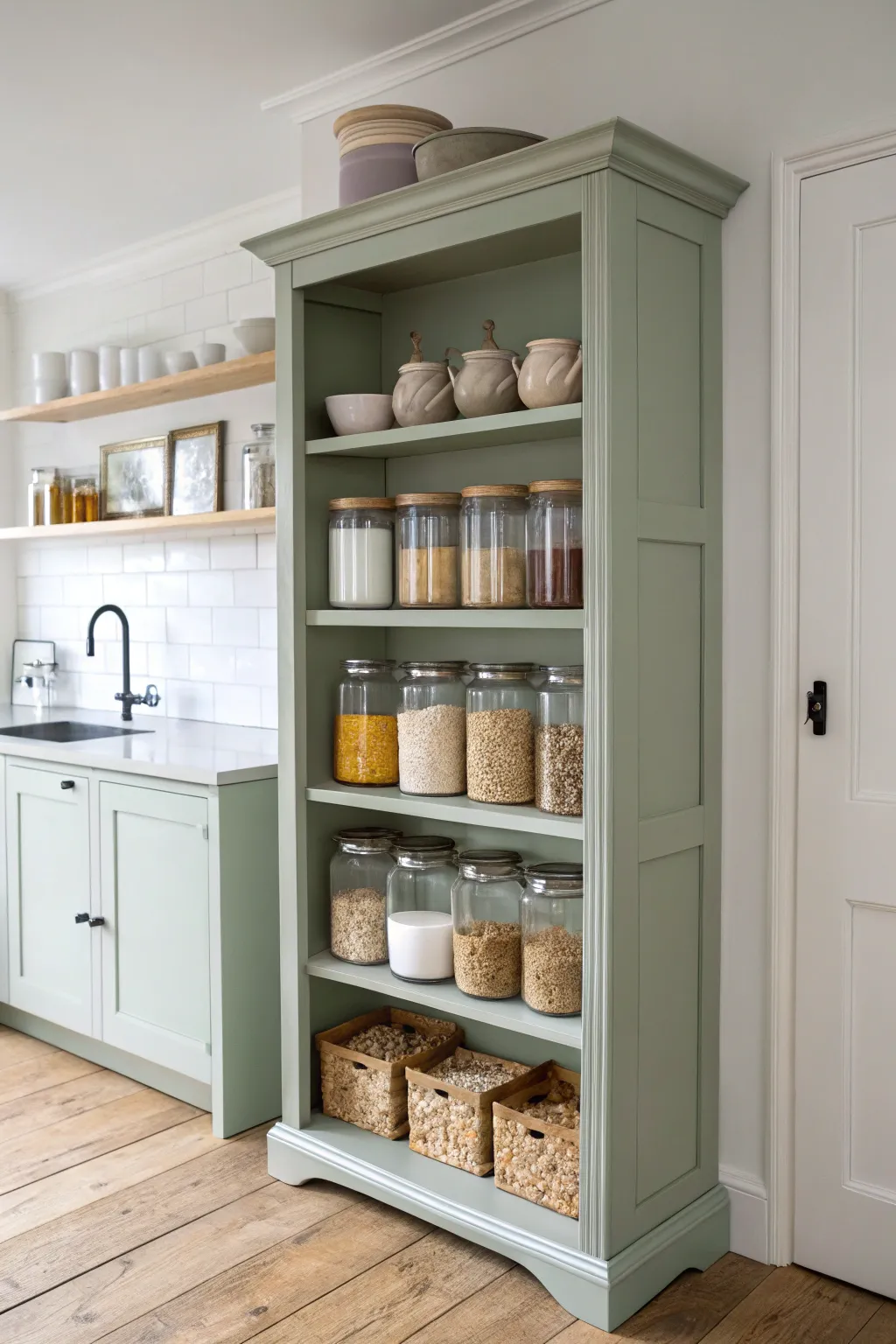 Transform a simple bookcase into a chic and functional pantry solution with Scandinavian flair. 🌿 #DIYOrganization #MinimalistCharm
