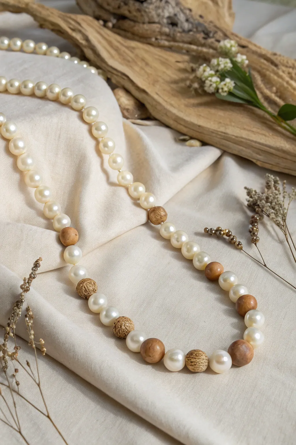 Embrace the elegance of nature with this stunning pearl and wood bead necklace—where simplicity meets boho charm.