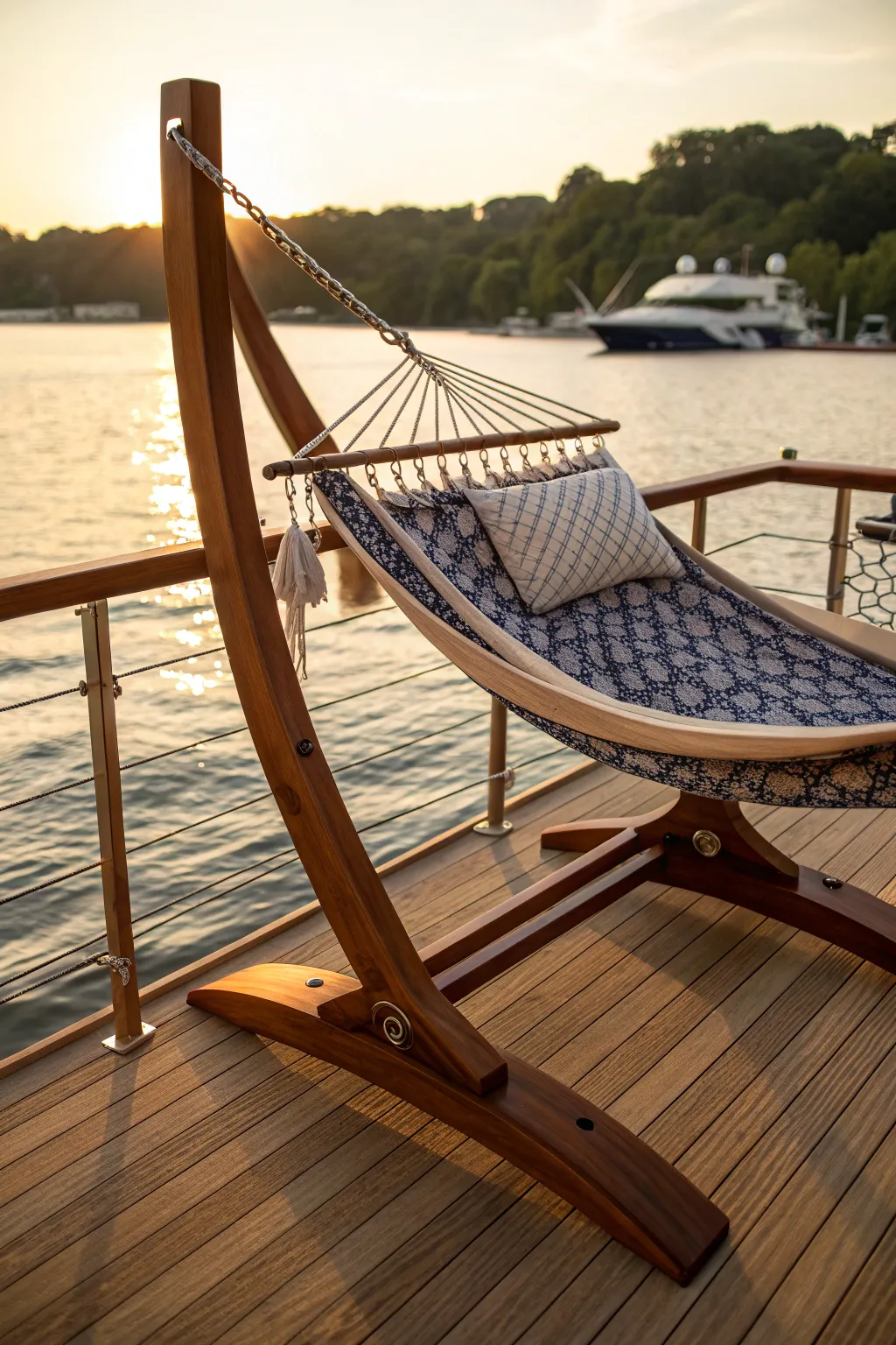 Relax in style with this handcrafted hammock stand, perfect for your pontoon houseboat adventures.