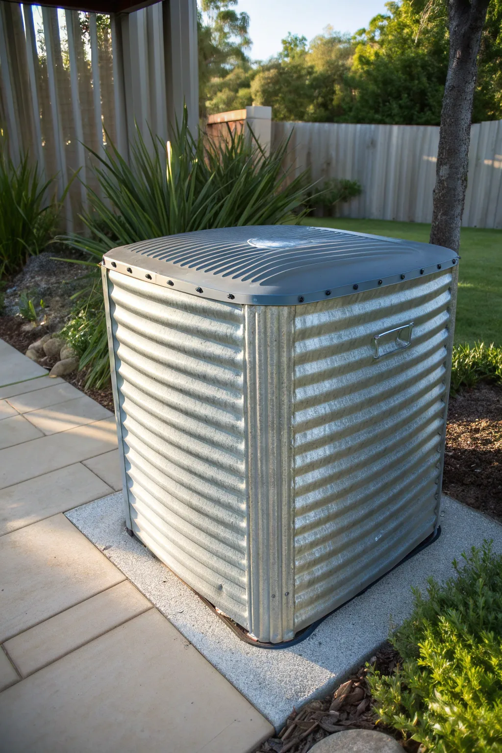Elevate your backyard with this sleek, corrugated metal pool pump cover—where rustic charm meets modern design.