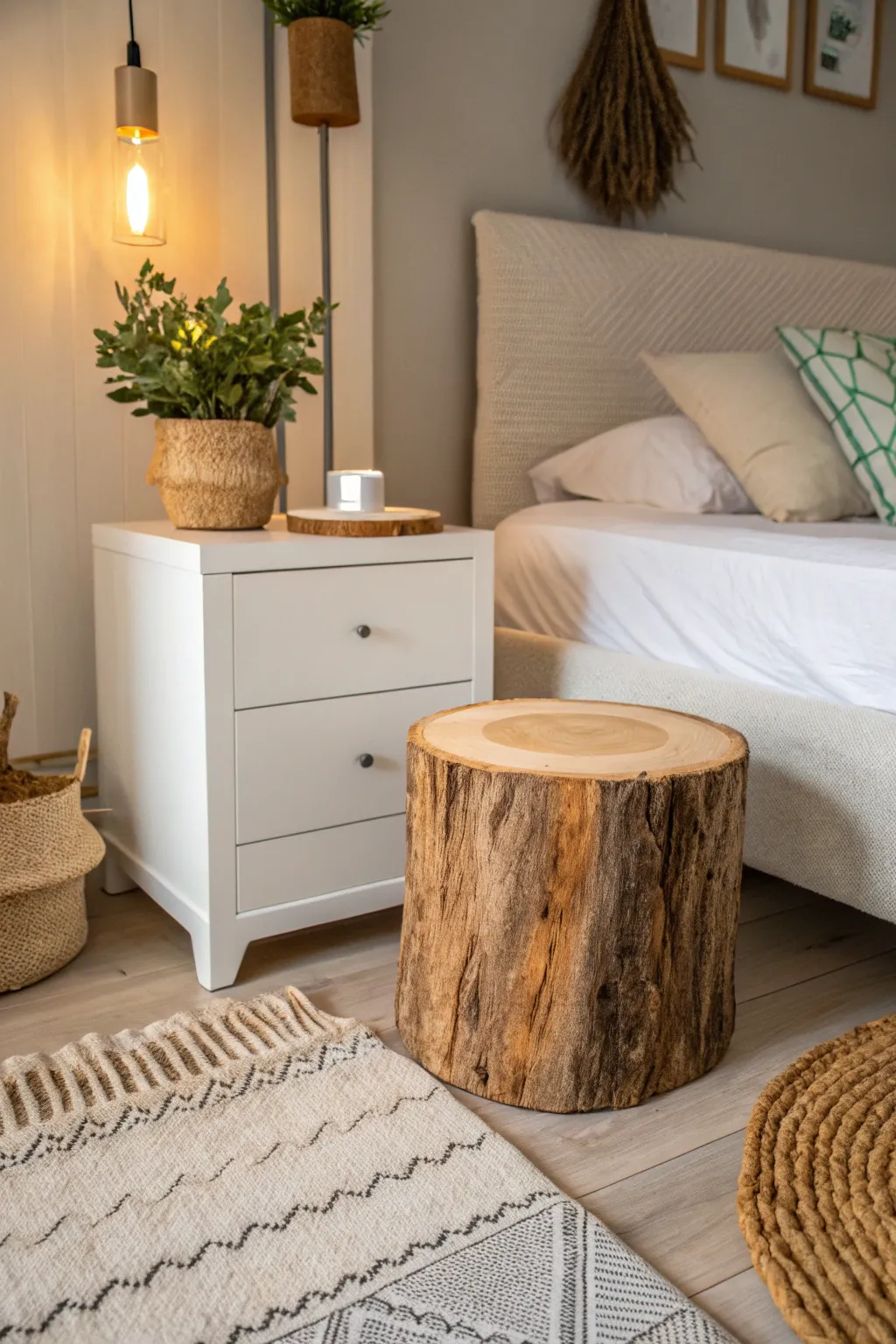 Embrace nature's elegance with a log slice nightstand for a touch of woodland charm.