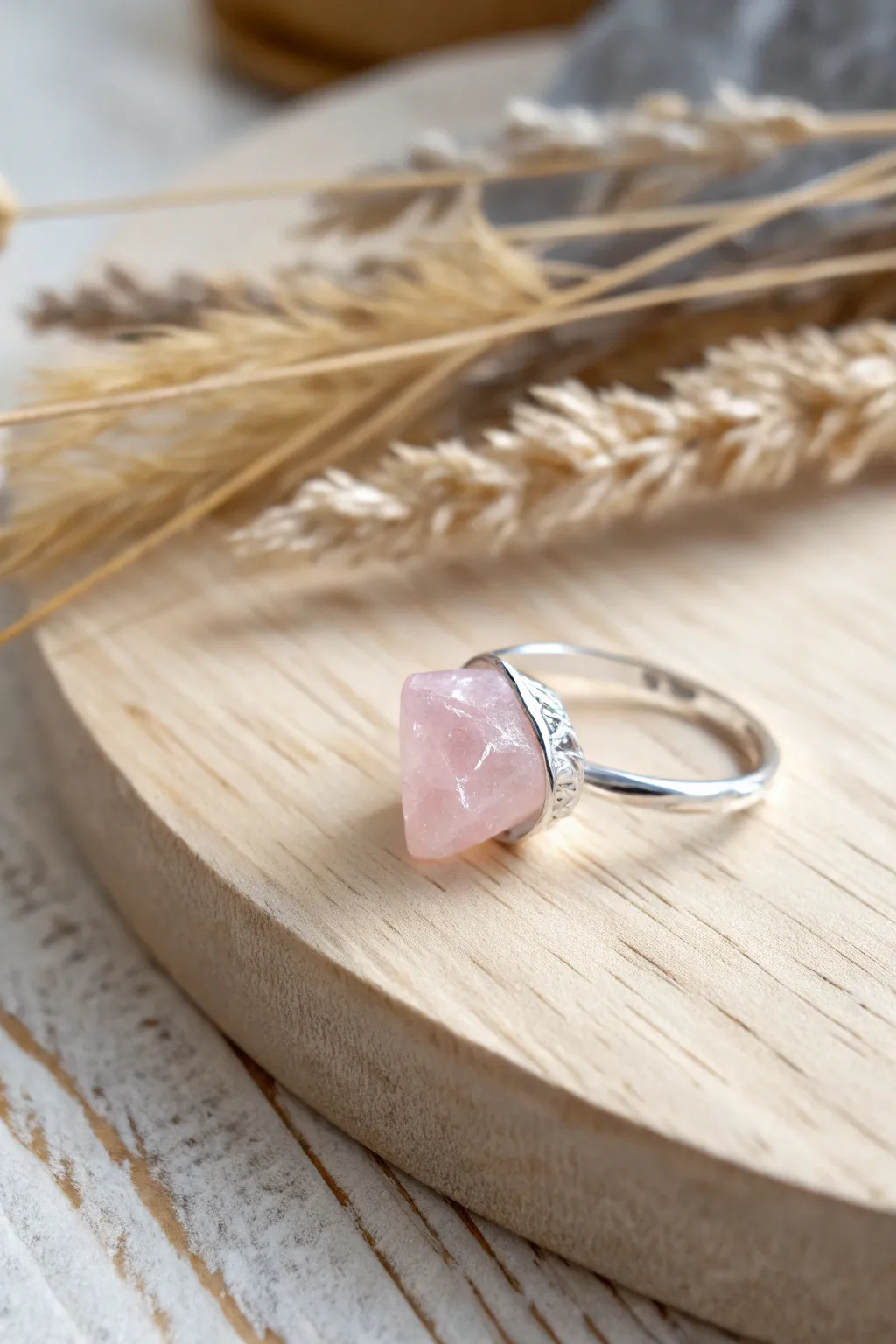 Embrace tranquility with a handcrafted pink quartz ring, where simplicity meets natural elegance.
