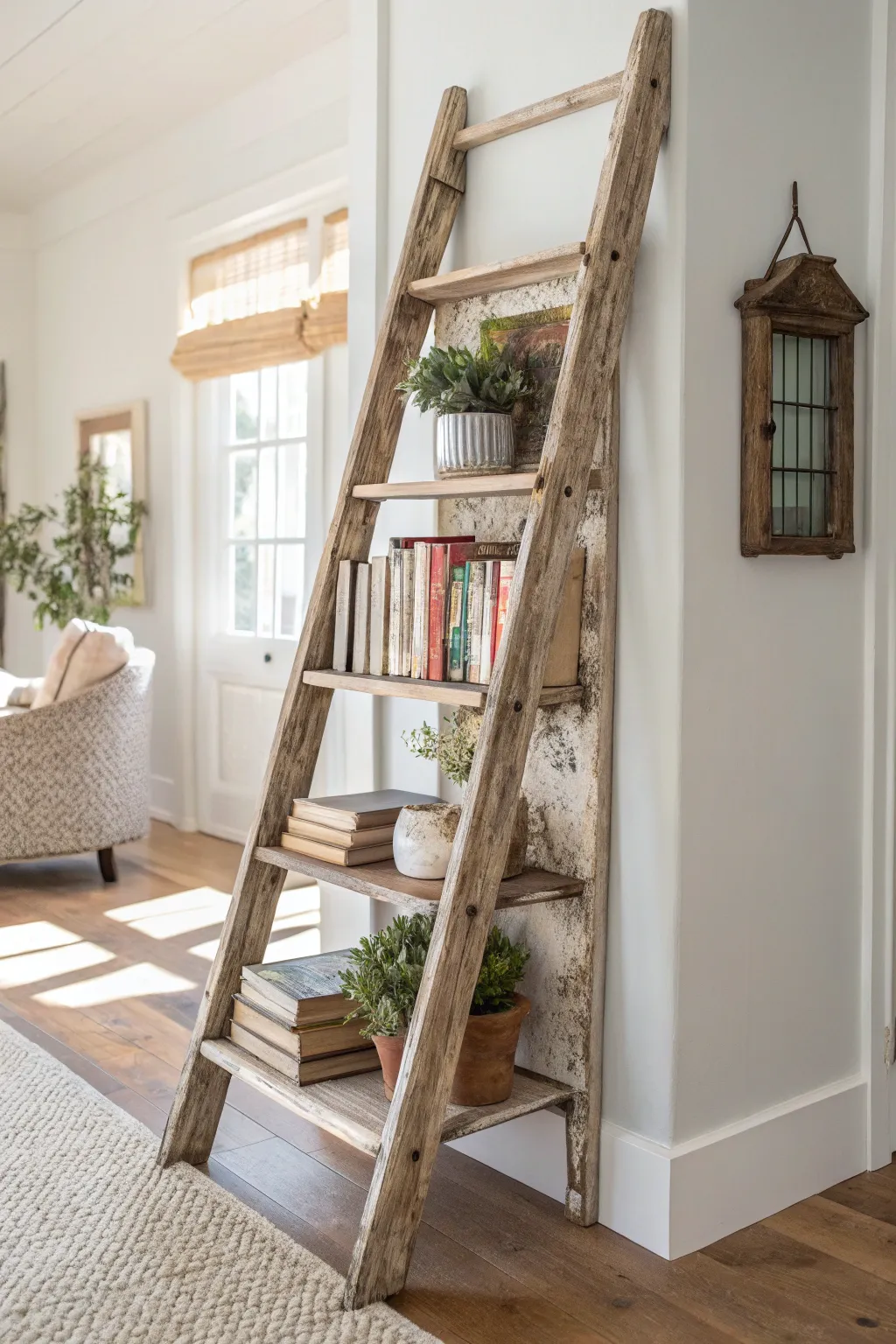 Transform vintage charm into a rustic masterpiece with this antique ladder bookshelf.
