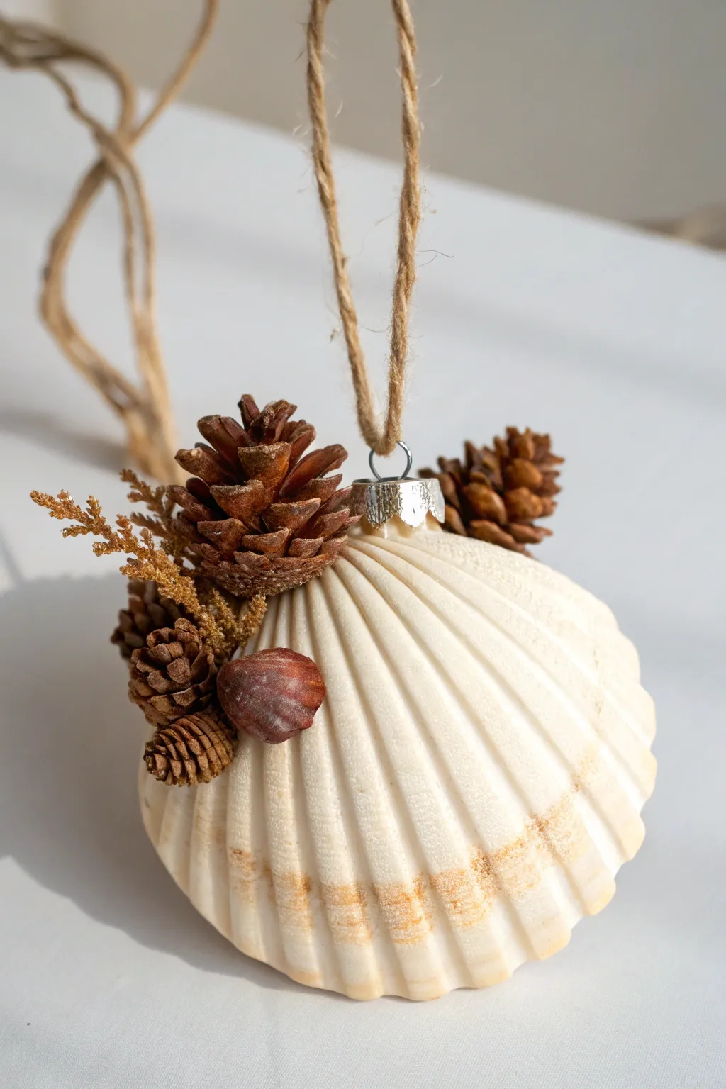 Embrace nature's elegance with a seashell and pinecone ornament—minimalist beauty that captures the essence of both shore and forest.