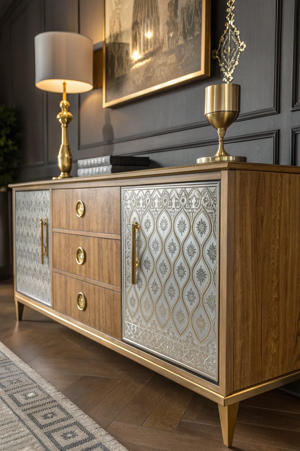 Elevate your DIY sideboard with striking metallic accents for a touch of modern glamour.