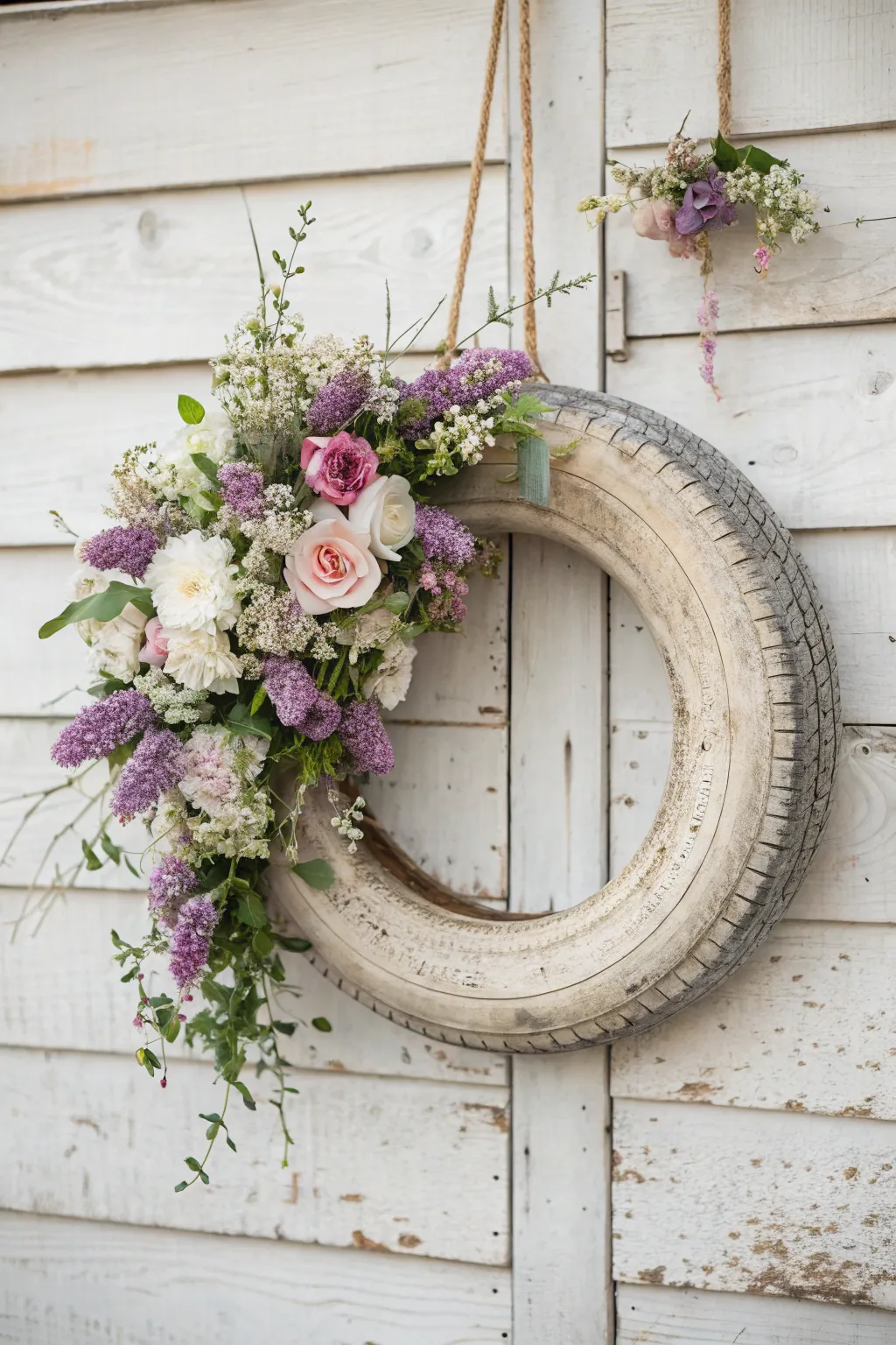 Breathe new life into an old tire with this charming farmhouse spring wreath. 🌸✨