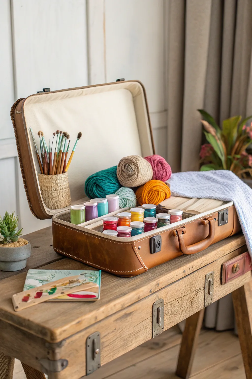 Transform your old suitcase into a charming craft supply haven with rustic elegance.