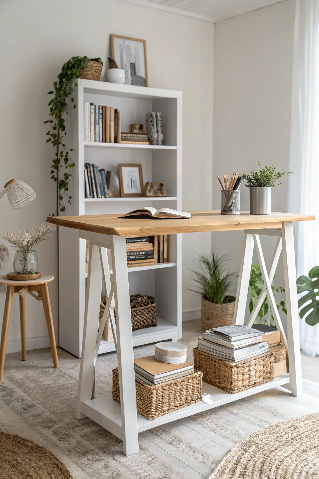 Elevate your workspace with a chic and functional bookshelf table—where style meets practicality.