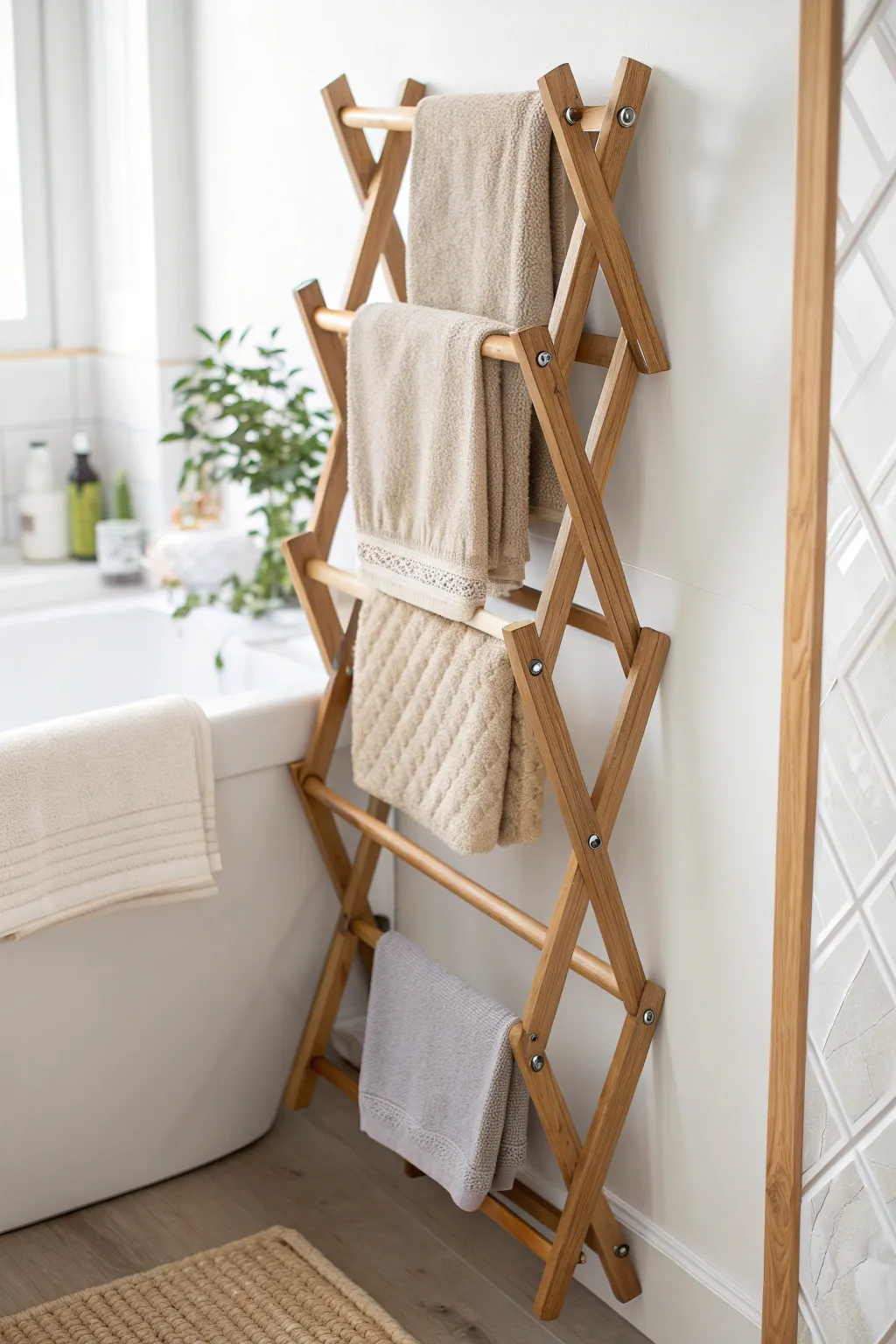 Transform your small bathroom with this elegant accordion-style towel rack, where minimalist design meets functional beauty.