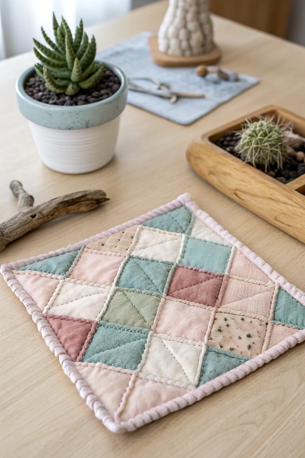 Transform your fabric scraps into a charming patchwork quilt trivet. Perfect for adding a touch of handcrafted beauty to your home!