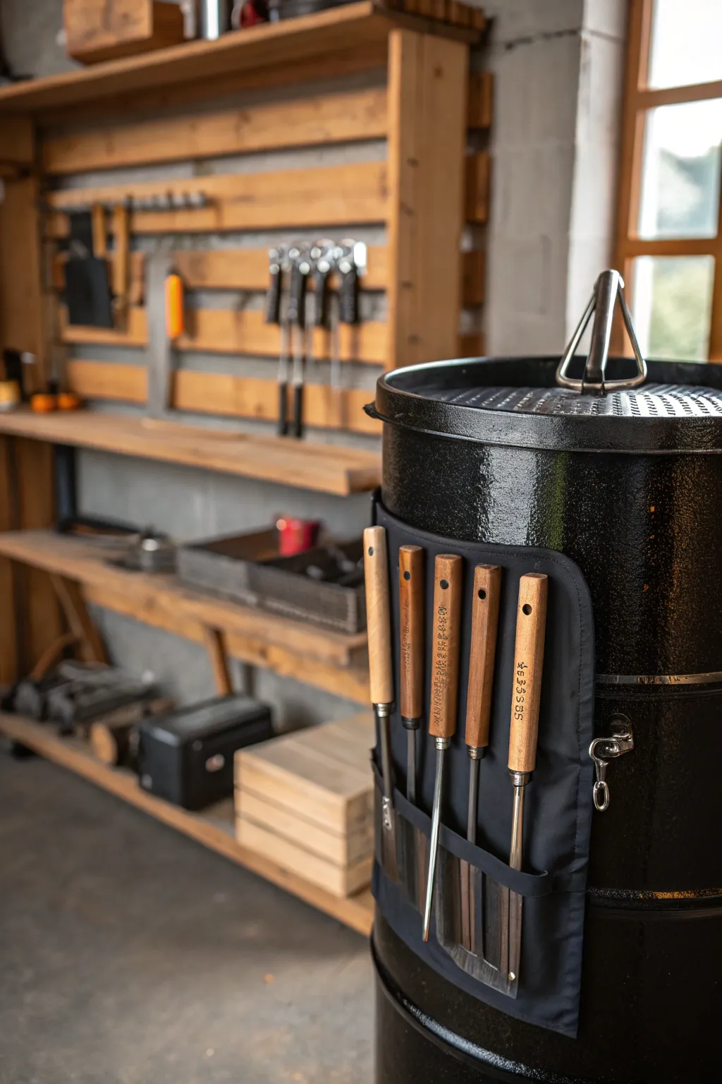 Elevate your BBQ game with a touch of craftsmanship: magnetic tool holder on your DIY ugly drum smoker.