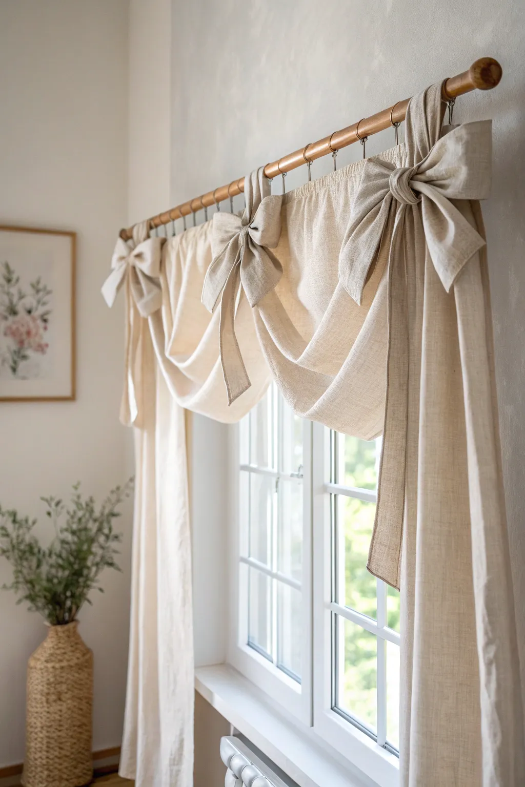 Elevate your space with a charming bow accented valance, blending minimalist elegance with boho flair.