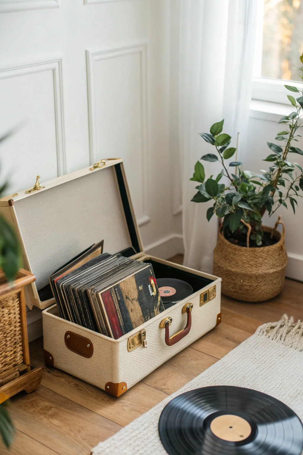 Transform vintage charm into stylish vinyl storage with this chic repurposed suitcase idea.