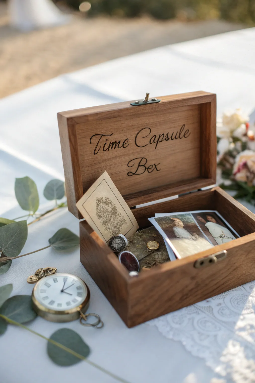 Capture the love story with a timeless treasure: a DIY time capsule for the newlyweds.