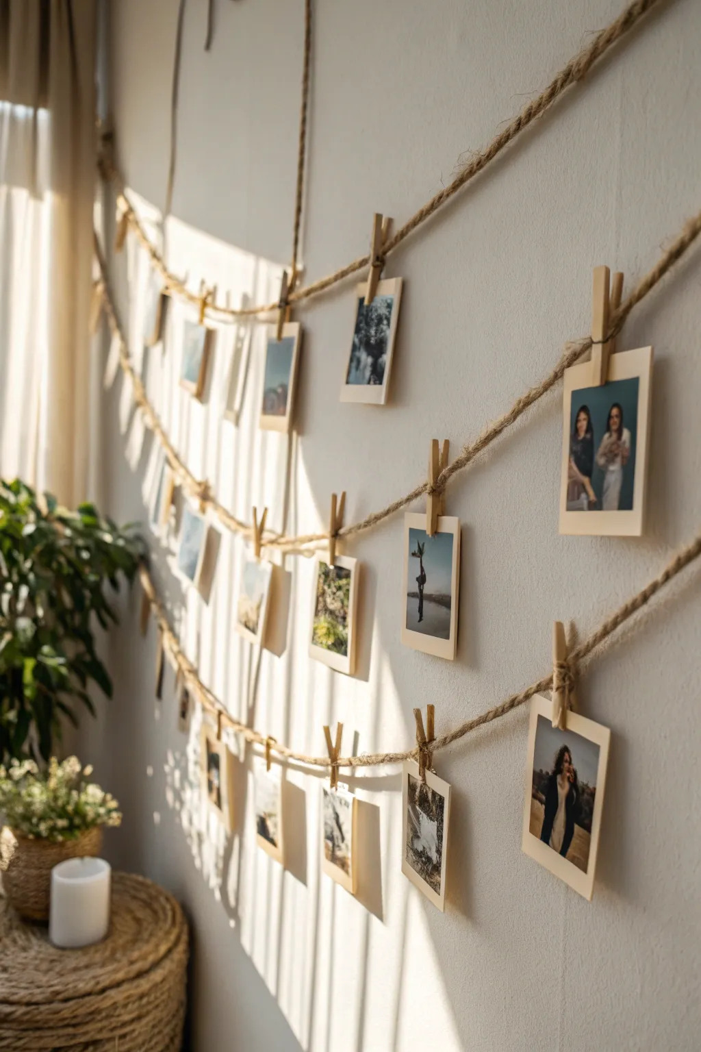 Transform memories into art with a simple twine photo display - a perfect blend of elegance and personal touch for any wedding.