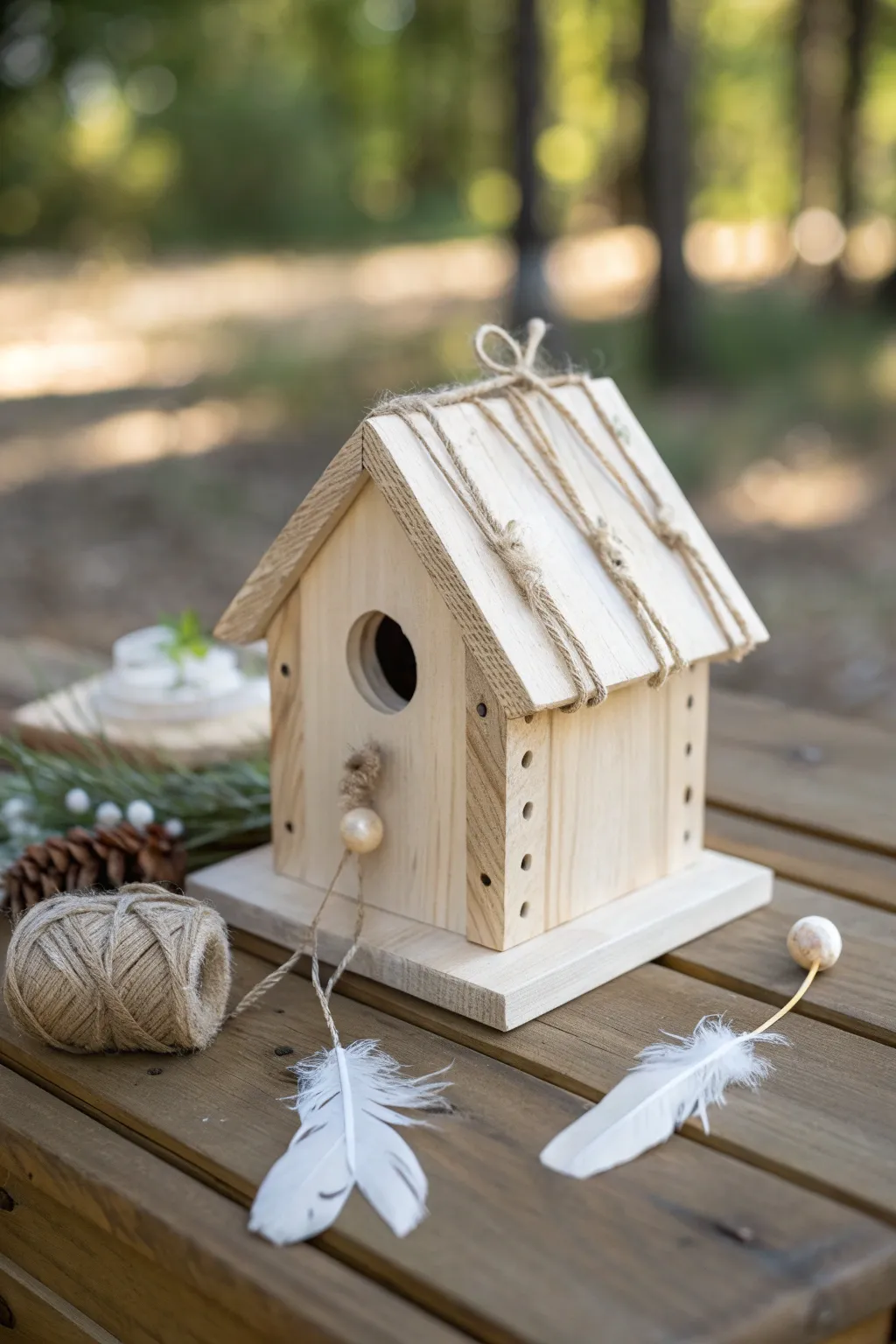Charming simplicity with a touch of whimsy: elevate your woodland baby shower with a handcrafted birdhouse centerpiece.