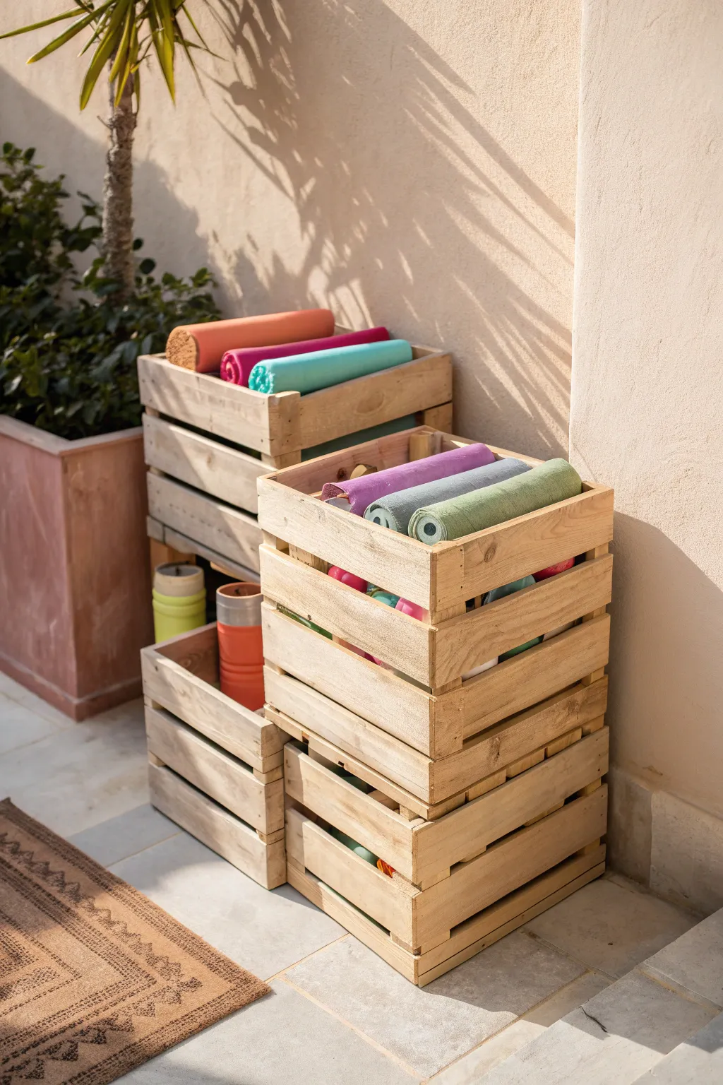 Effortlessly elegant storage: Discover how rustic wooden crates bring order and charm to your wrapping paper collection.