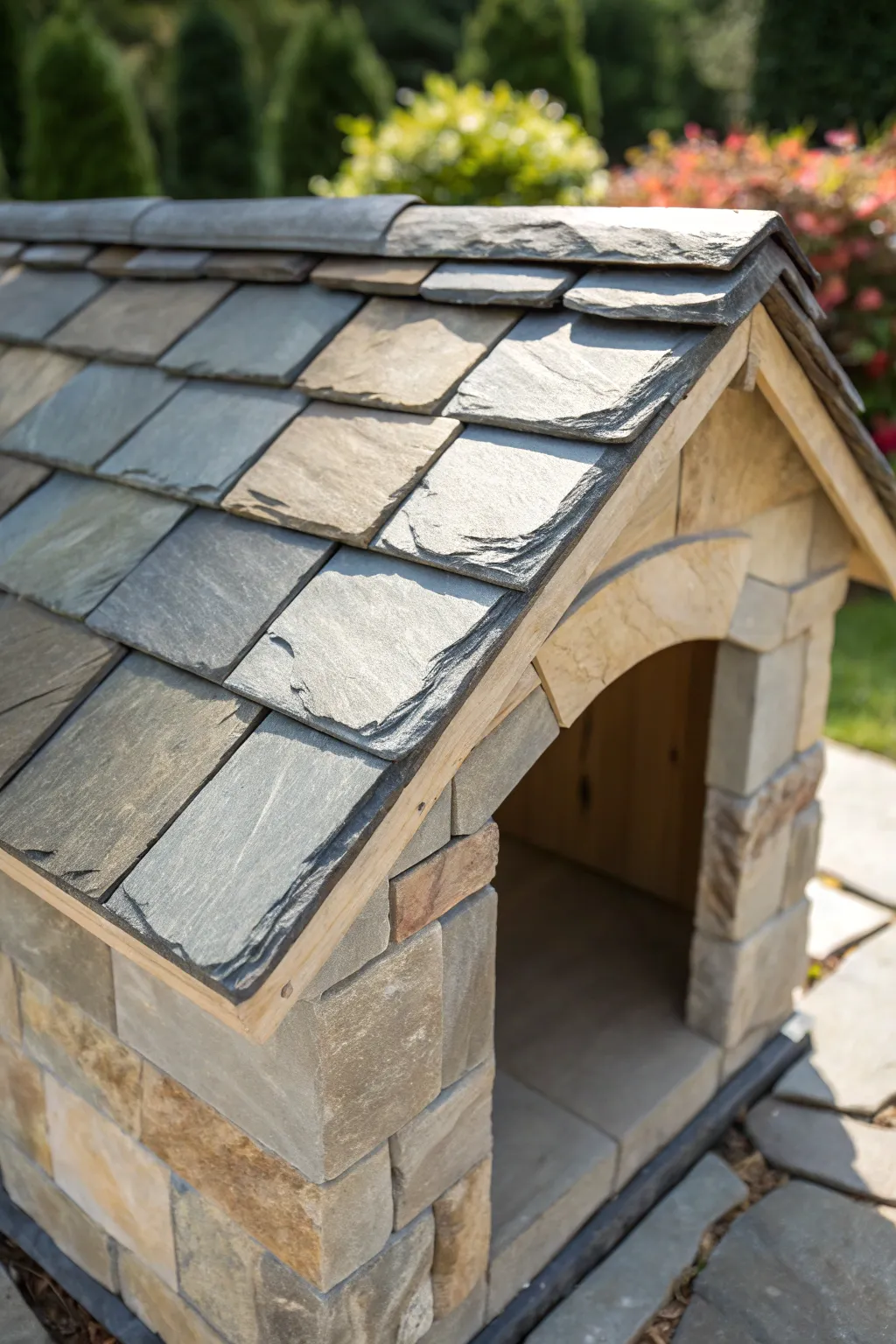 Elevate your dog house with the timeless elegance of stone slate roofing.