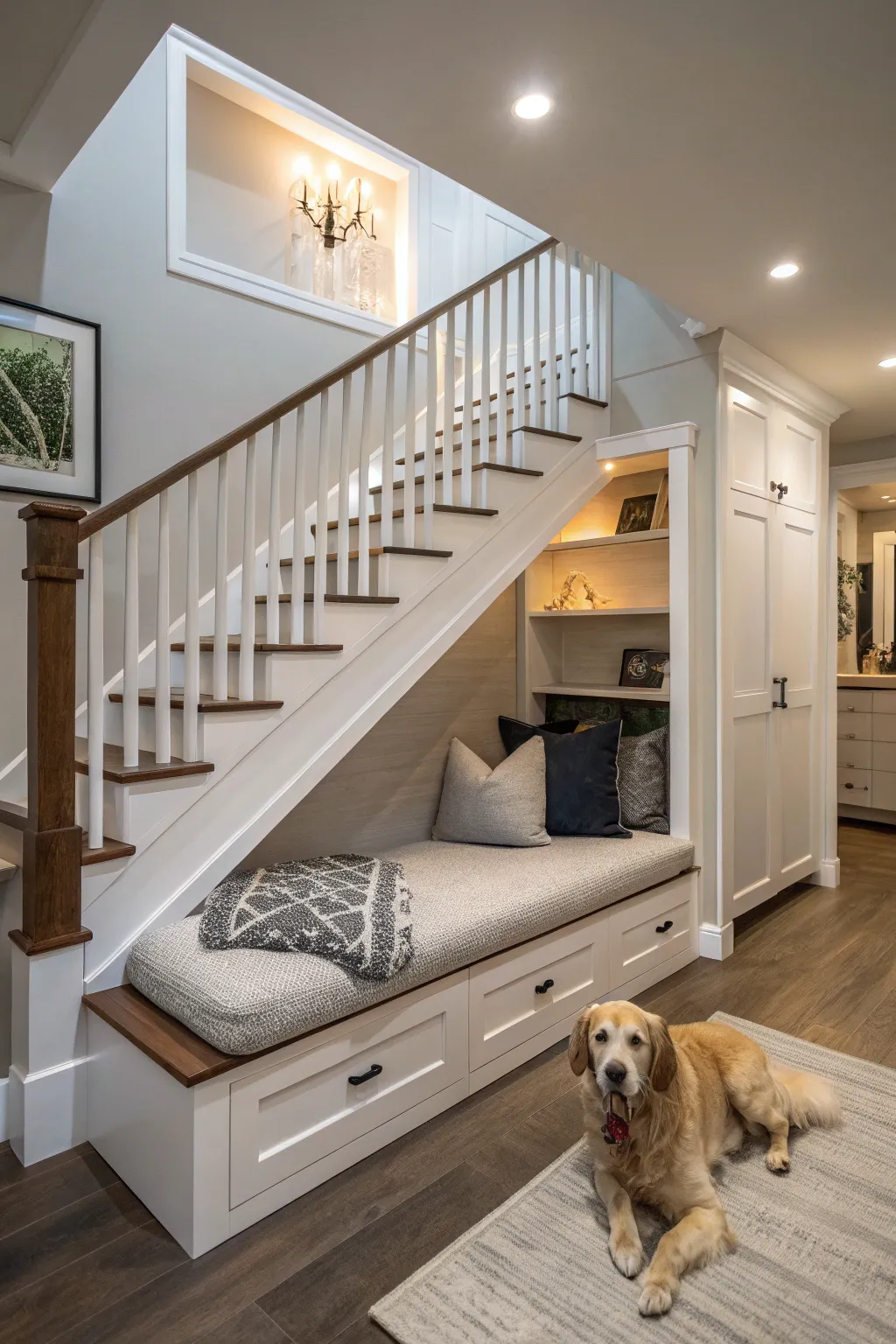 A charming under-staircase dog retreat, offering comfort and clever storage solutions.