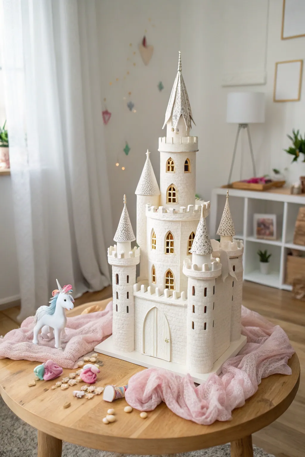 Step into a storybook with this enchanting paper mache castle, where whimsy meets minimalist elegance.