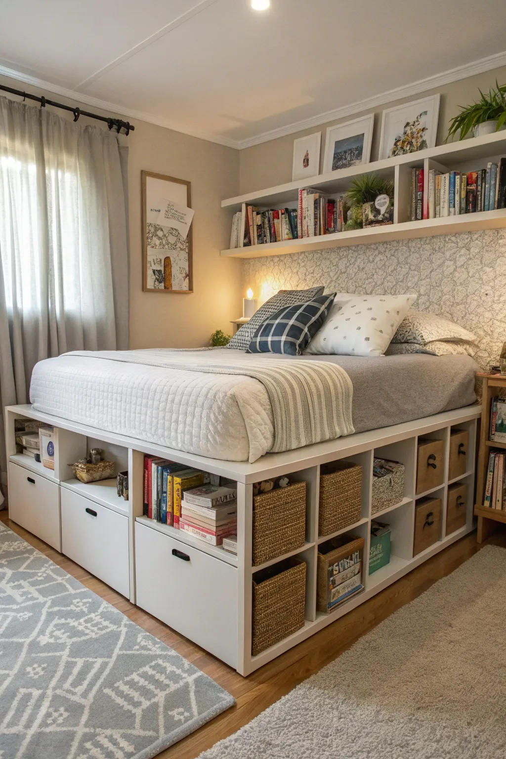 A storage bed and modular shelving maximize space in this stylish bedroom.