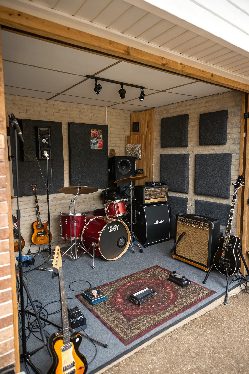 A garage music studio complete with instruments and soundproofing.
